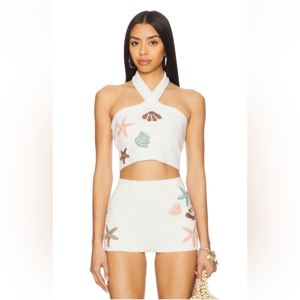 NWT My beachy Side SET ($413) Crochet top & Hot Short in Ivory Sea - Size M